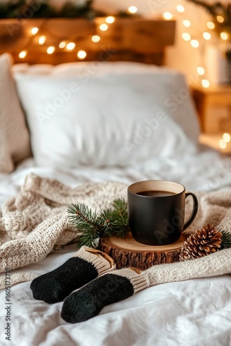 Cozy Winter Morning With Coffee, Knitted Socks, and Pinecones by the Christma...