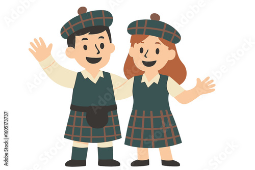 Cartoon children in traditional Scotland dress, including a Scotsman boy and girl in national costume and hat, playing guitar, isolated on white background, vector