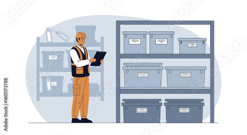 Warehouse Inventory Control With Worker Holding Clipboard For Stocktaking Process