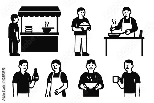 Vector illustration set featuring silhouettes of outdoor street food market stalls with vendors and customers buying and selling food