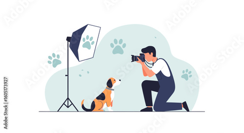 Professional Photographer Shooting A Cute Dog In A Studio With Lighting