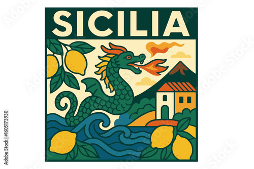 Vibrant illustration of Sicily's coastline featuring lemons, sea creatures, and a kaleidoscope of colors that highlight the region's stunning beauty