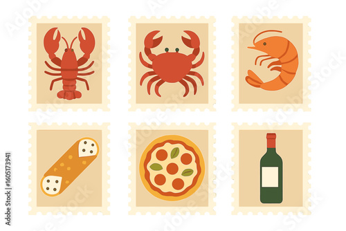 Collectible stamps featuring Amalfi and Italian local specialties including seafood and traditional motifs
