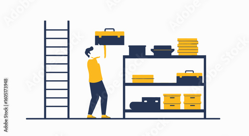 Warehouse Worker Carrying Toolbox Storing Items on Shelves In A Storage Area