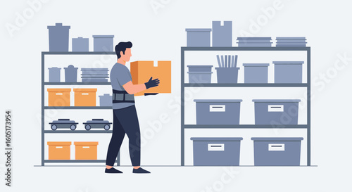 Warehouse Worker Carrying Cardboard Box From Shelves In Storage Room