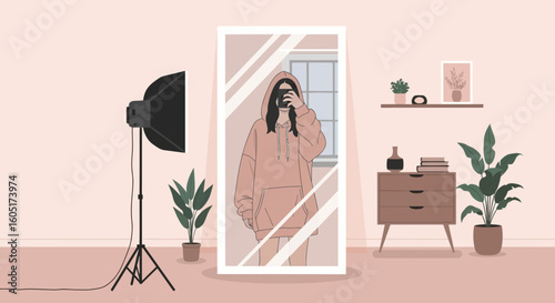Mirror Reflection Of Person Taking Selfie In Bright Interior Setting