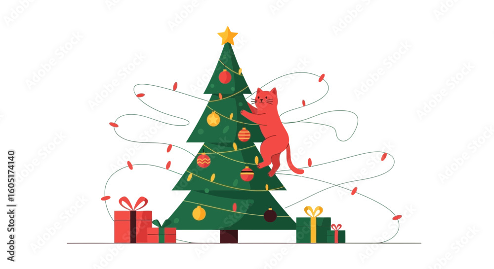 Mischievous Feline Fun With Decorations In a Holiday Christmas Cartoon Scene Mischievous Feline Fun With Decorations In a Holiday Christmas Cartoon Scene