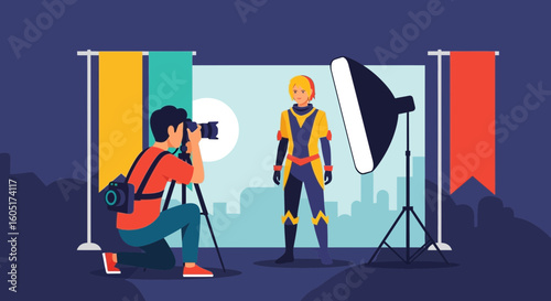 Photographer Capturing A Heroic Costume Character In A Studio Session