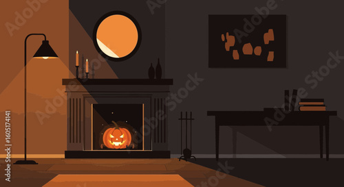 Spooky Halloween Night Living Room Scene With Glowing Pumpkin In Fireplace