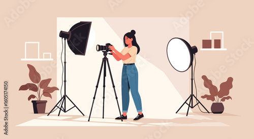 Professional Photographer Works in Studio with Light Equipment and Backdrop