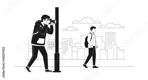 Photographer Capturing A Pedestrian On The Urban Street In Minimalist Style