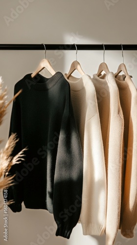 Cozy Sweaters Displayed in a Warm, Minimalistic Setting During Daylight Hours
