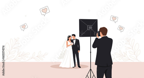 Photographer Capturing A Wedding Photo For A Bride And Groom With Softbox