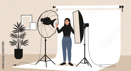 Professional Photography Setup With Softbox Lighting And Female Photographer
