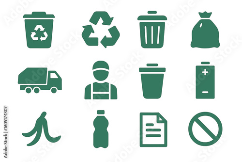 Vector illustration of Waste Icons featuring a thin line editable stroke, encompassing recycling, landfill, waste management, hazardous waste, sorting, upcycling, compositing, plastic waste, circular