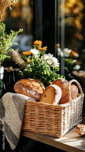 Freshly Baked Bread in a Rustic Basket Surrounded by Flowers in a Cozy Cafe