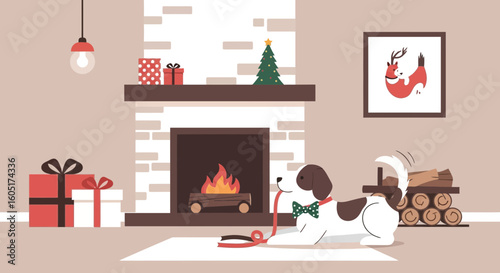 Warm Christmas Scene With Cozy Fireplace Dog Gifts And Holiday Decorations