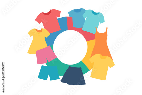 Update your wardrobe with a clothing swap, depicted in a hand drawn vector illustration featuring lettering with a round border, clothes and shoes, isolated on a white background