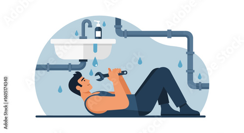 Professional Plumber Fixing Leaking Pipes Underneath Sink Illustration