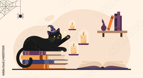 Spooky Season Black Cat In Wizard Hat With Candles And Books Still Life