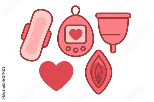 Menstruation theme, including various feminine hygiene products like panties, pads, and cups, with a focus on zero waste objects and menstrual protection, presented as a hand drawn vector