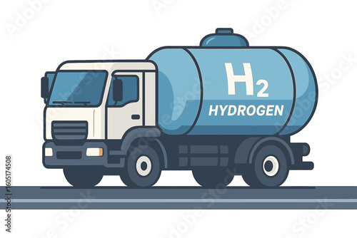 Cartoon flat vector illustration of a truck with green hydrogen, representing a responsible society with eco-friendly transportation of cargo and materials for safe and waste-free electricity