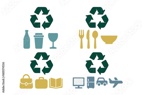 A collection of icons that clearly illustrate the process of separating trash, featuring high-contrast vector elements suitable for various scales, and is ready for incorporation into your design in