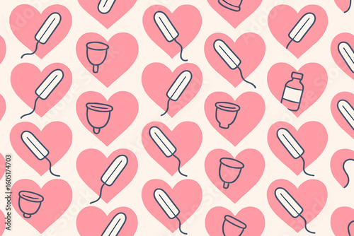 A charming vector texture featuring menstrual cups, pads, tampons, and hearts, designed as a feminine background to represent periods, forming a seamless monthly cycle pattern