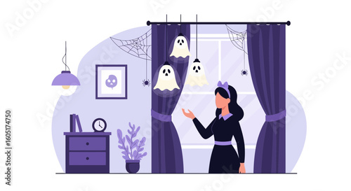 Spooky Season Ready Young Woman Preparing House For Halloween Decoration