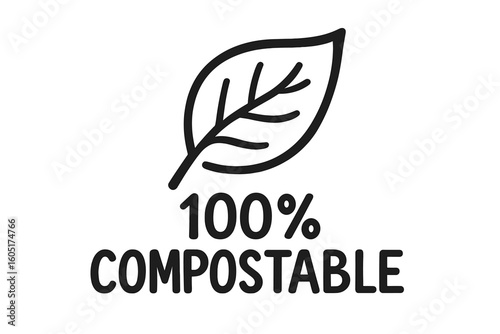 A 100% compostable design featuring hand-drawn lettering and sketchy leaves, ideal for labeling bio, natural, and organic products, materials, and packaging in an eco-friendly shop or store