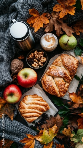 Delicious Autumn Gathering With Pastries, Apples, and Warm Beverages on Cozy ...