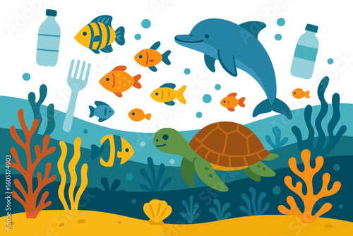 Environmental concept of water pollution featuring plastic bags, bottles, barrels, dolphin, fish, shark, litter in muddy water, ocean animals and fish silhouettes, presented as an ecological banner