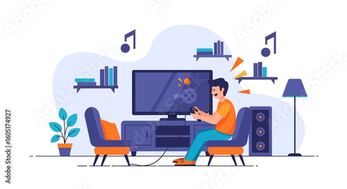 Modern Living Room Illustration Featuring Video Gamer Enjoying Home Entertainment