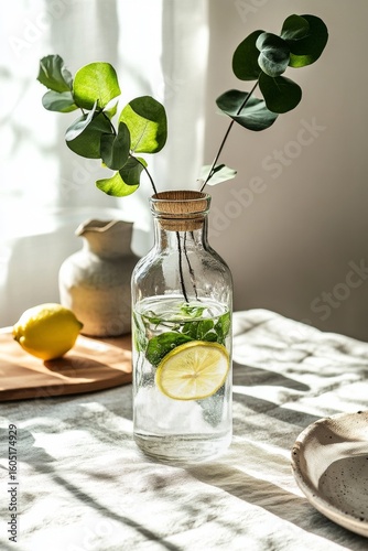 Refreshing Aromatic Water With Lemon and Greenery in a Bright Kitchen Setting