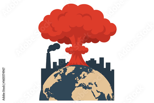 Industrial chimney pollution with smoke in the environment, representing global warming and climate change, as well as environment and ecology concepts, depicted through paper art vector illustration