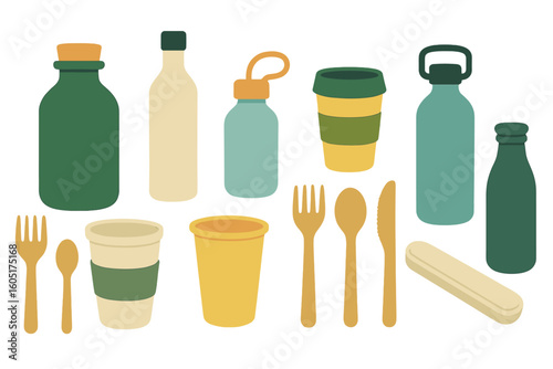 Complete collection of items for a zero-waste lifestyle, eco-friendly living, and environmentally conscious home, promoting a green and plastic-free ecology life through hand-drawn vector elements on