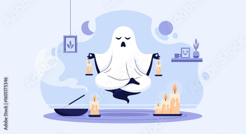 Spooky Zen: Ghost Meditating With Candles For Halloween Season And Relaxation Time