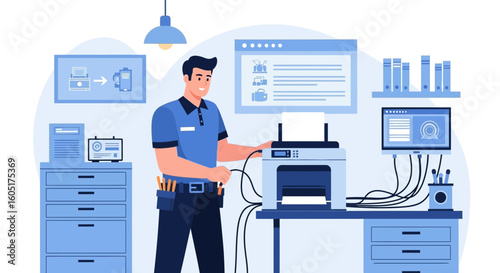 Professional Technician Repairing Office Printer Equipment With Desk Accessories