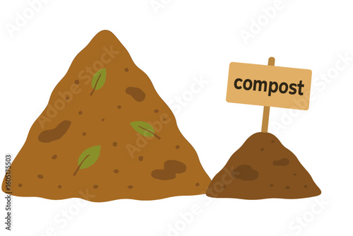 Cartoon illustration of a heap of ground with worms, leaves, and a bag for soil, symbolizing organic fertilizer, compost, manure, and zero waste in eco-friendly farming, isolated on a white