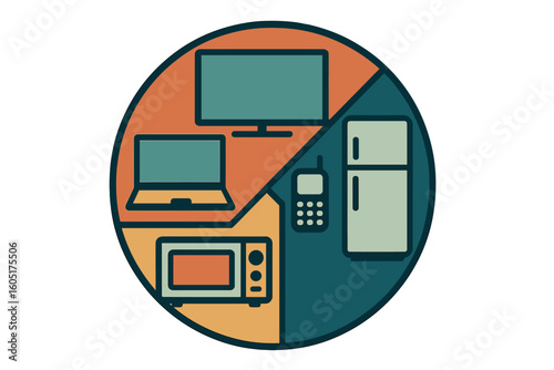 A set of e-waste recycling icons featuring electronics trash and text, including old appliances, in a flat style vector illustration