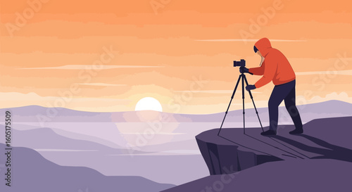 Photographer Capturing Golden Hour From Mountain Peak On Scenic Landscape