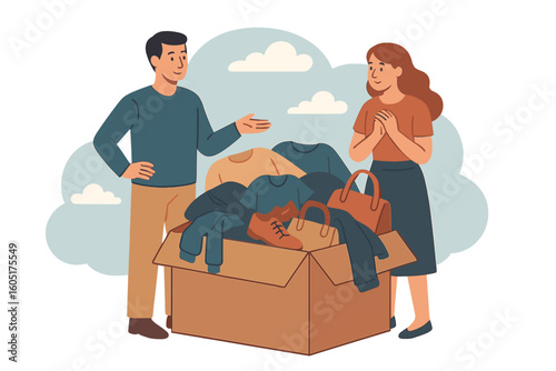 Illustration of a tiny person buying second-hand clothes on a transparent background to reduce fast fashion, purchase vintage outfits, and promote a zero-waste cycle for textile product reuse and
