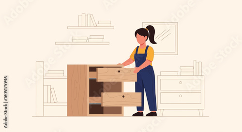 Professional Woman Assembling Wooden Furniture In A Brightly Lit Room