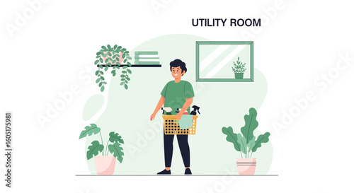 Modern Utility Room Illustration Featuring Person Cleaning With Plants Decor