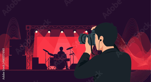 Photographer Capturing Live Music Performance at Concert on Stage