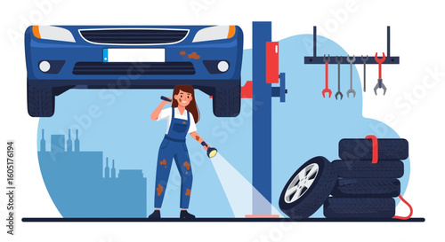 Professional Woman Mechanic Inspecting A Car Under Lift In Auto Repair Shop
