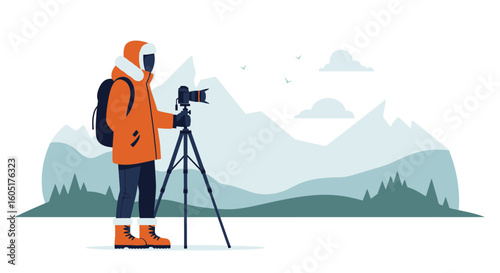 Photographer Capturing Majestic Mountain Scenery With Professional Gear Outdoor