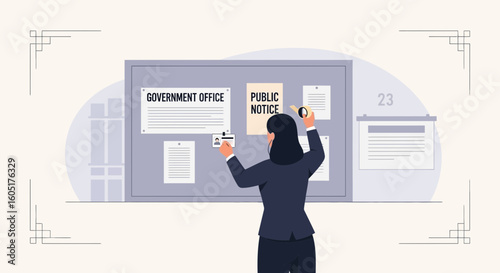 Professional Woman Posting Notices In Government Office For Public Announcements