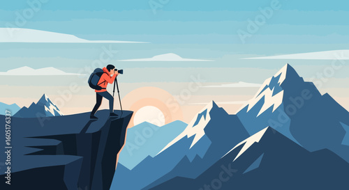 Photographer Capturing Majestic Mountain Landscape At Sunrise On Cliff Top Adventure
