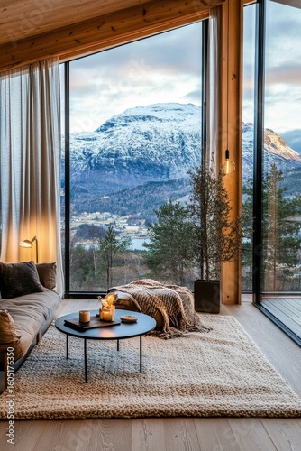 Cozy Modern Living Room With Mountain View in Norway During Sunset